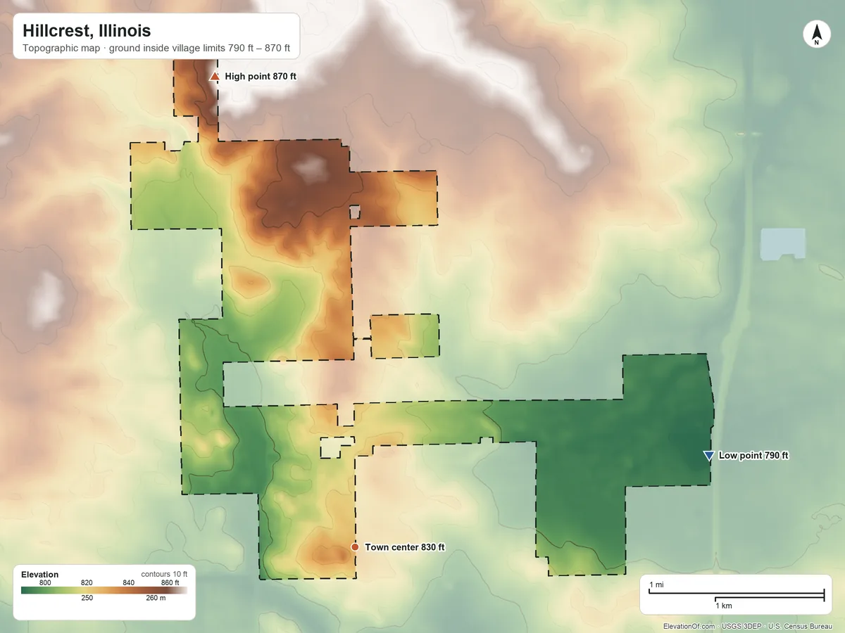 Topographic elevation map of Hillcrest, Illinois, shaded from 790 ft on the east side to 870 ft on the north side