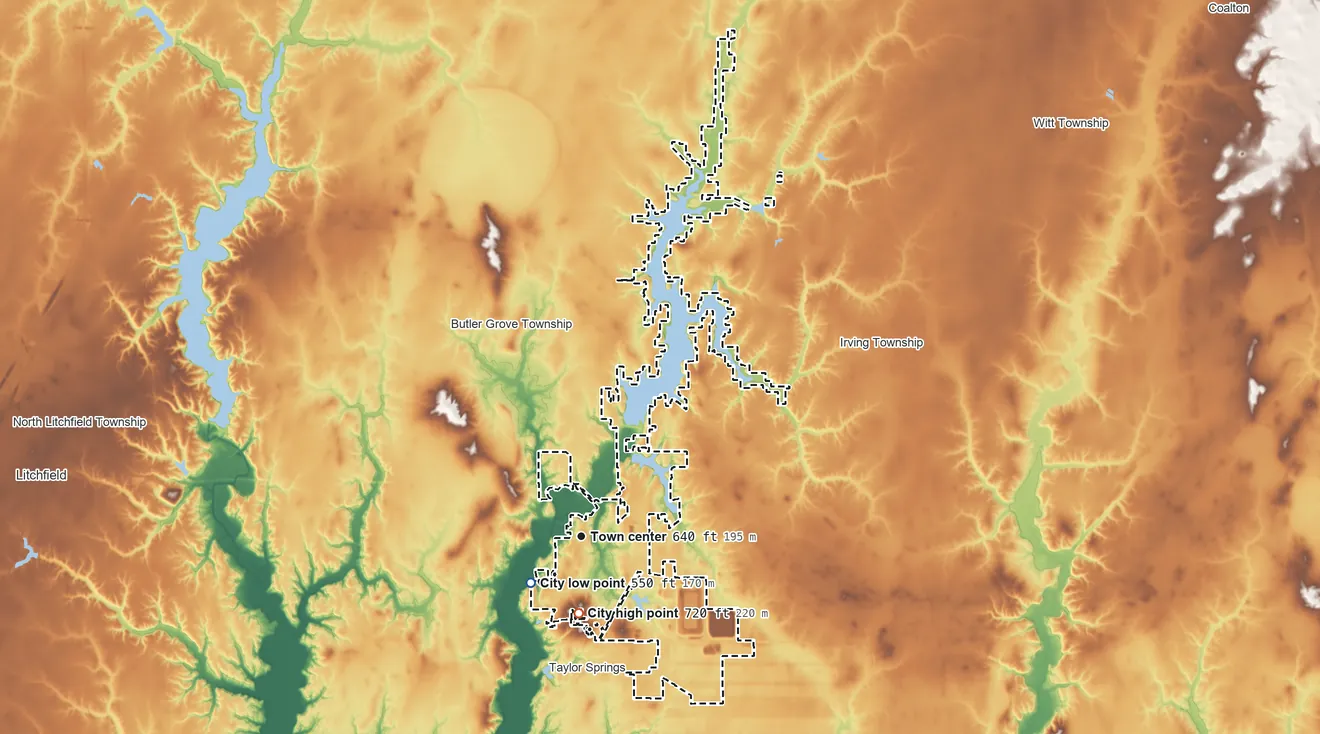 Topographic elevation map of Hillsboro, Illinois, shaded from 550 ft near the middle to 720 ft on the south side