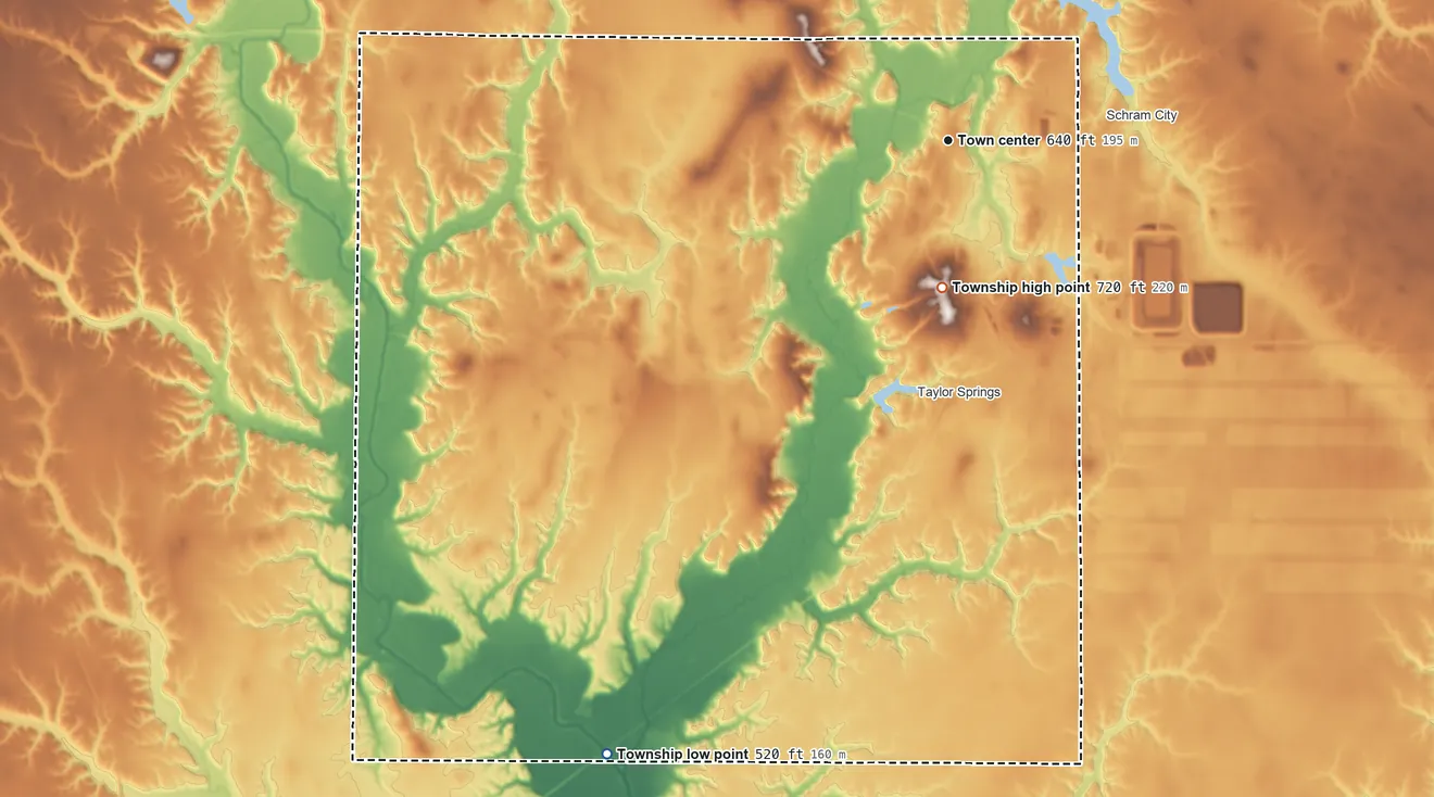 Topographic elevation map of Hillsboro Township, Illinois, shaded from 520 ft on the southwest side to 720 ft on the south side