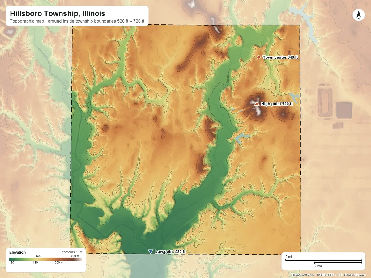 Topographic elevation map of Hillsboro Township, Illinois, shaded from 520 ft on the southwest side to 720 ft on the south side