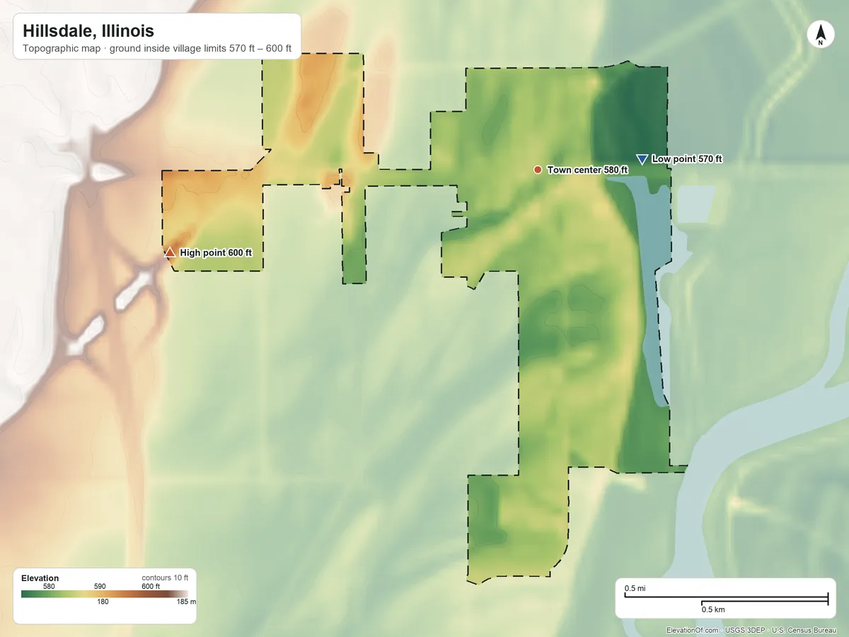 Topographic elevation map of Hillsdale, Illinois, shaded from 570 ft on the east side to 600 ft on the west side