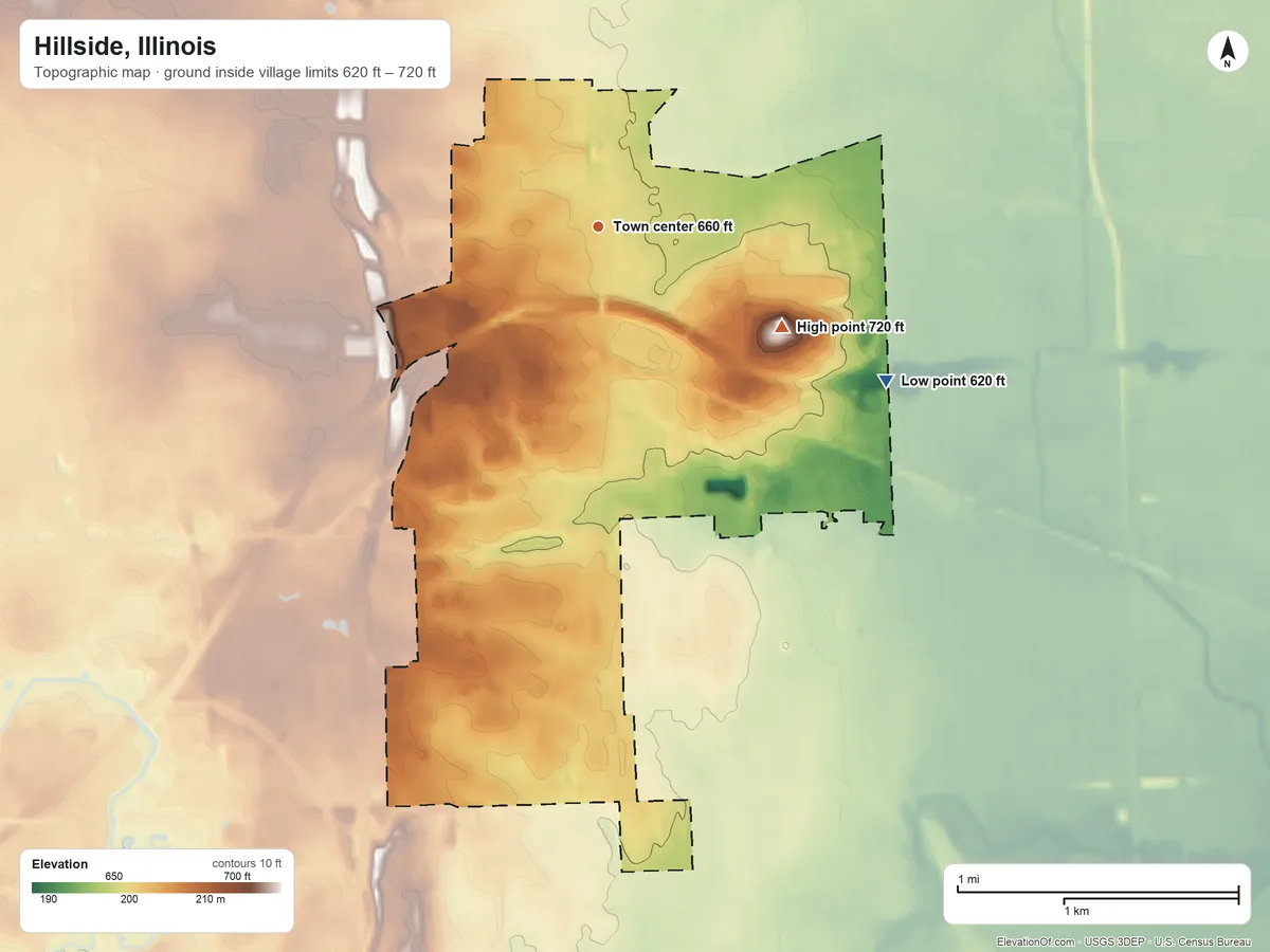 Topographic elevation map of Hillside, Illinois, shaded from 620 ft on the southeast side to 720 ft on the southeast side