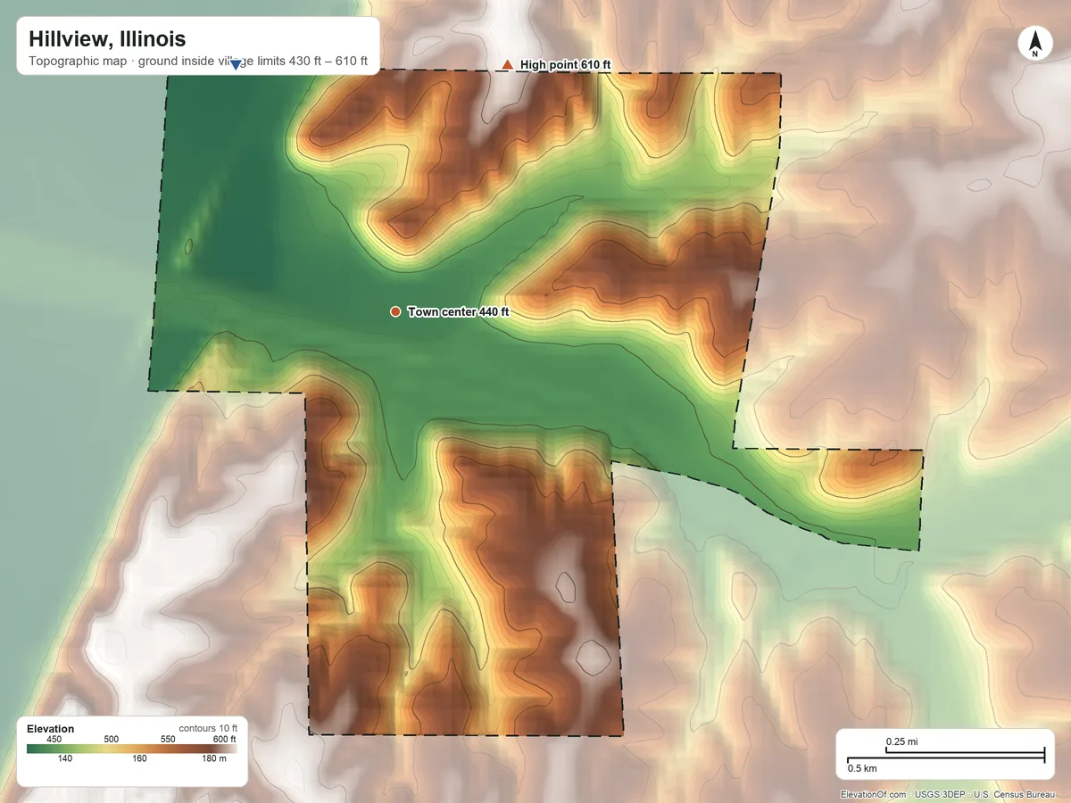 Topographic elevation map of Hillview, Illinois, shaded from 430 ft on the northwest side to 610 ft on the northeast side