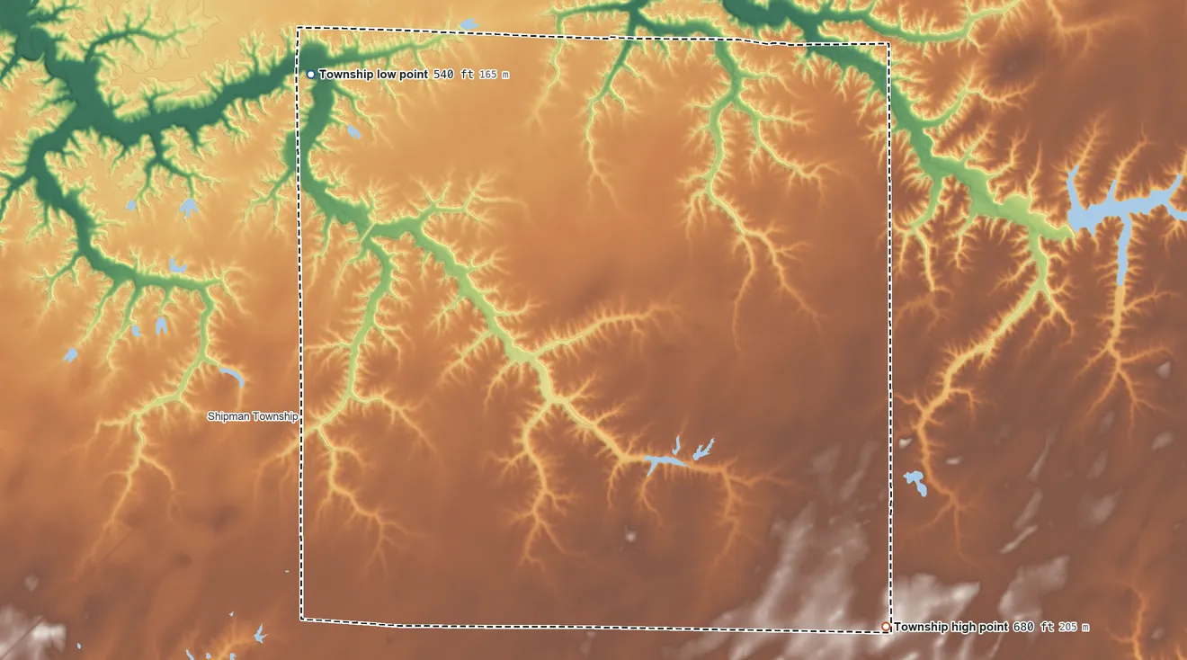 Topographic elevation map of Hillyard Township, Illinois, shaded from 540 ft on the northwest side to 680 ft on the southeast side