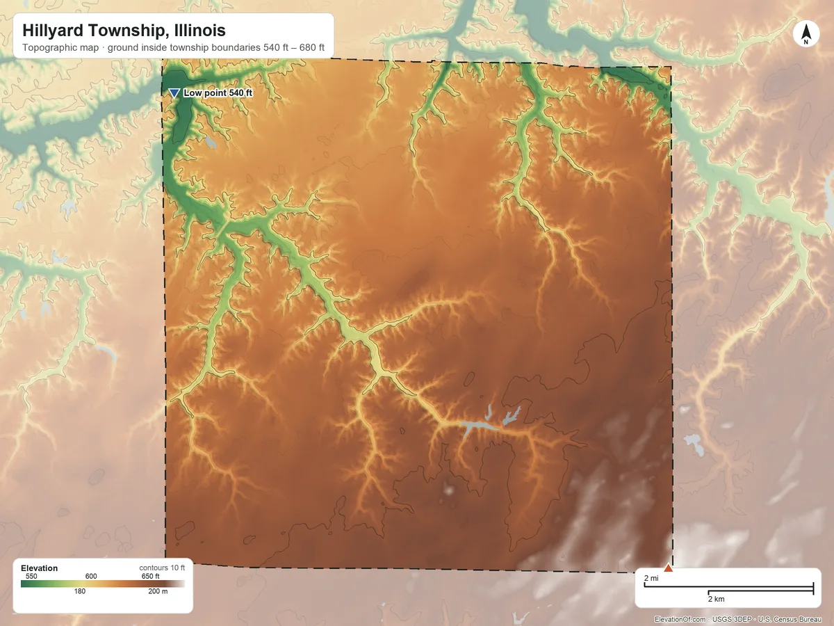 Topographic elevation map of Hillyard Township, Illinois, shaded from 540 ft on the northwest side to 680 ft on the southeast side