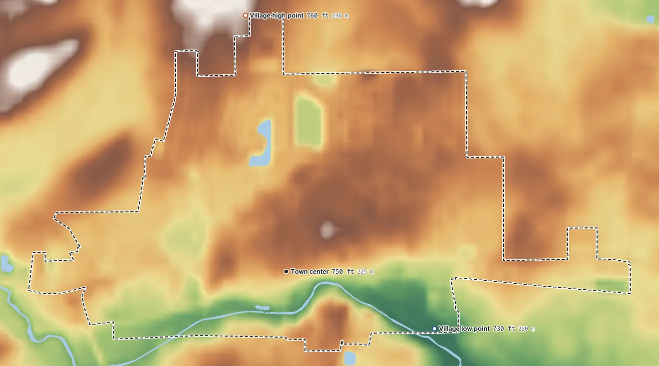 Topographic elevation map of Hinckley, Illinois, shaded from 730 ft on the east side to 760 ft on the north side