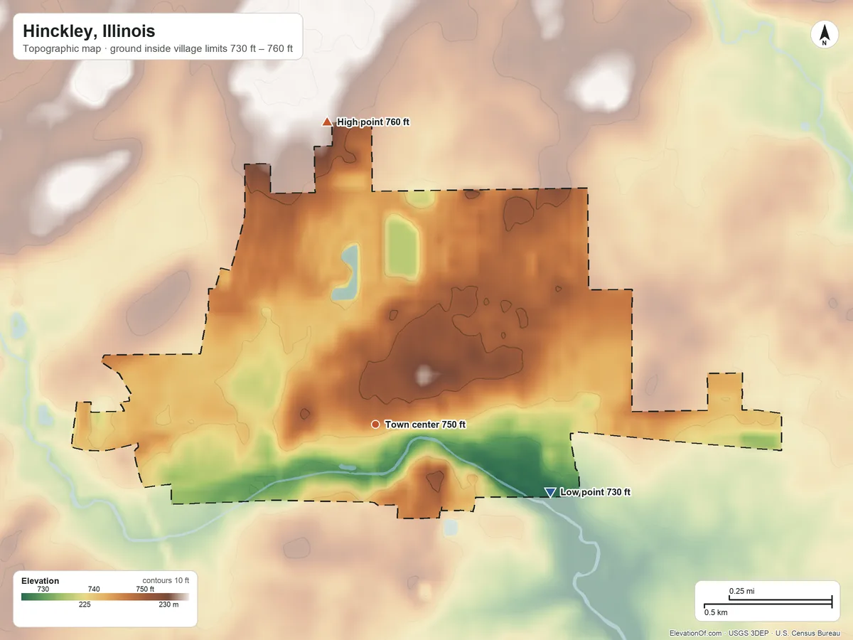 Topographic elevation map of Hinckley, Illinois, shaded from 730 ft on the east side to 760 ft on the north side