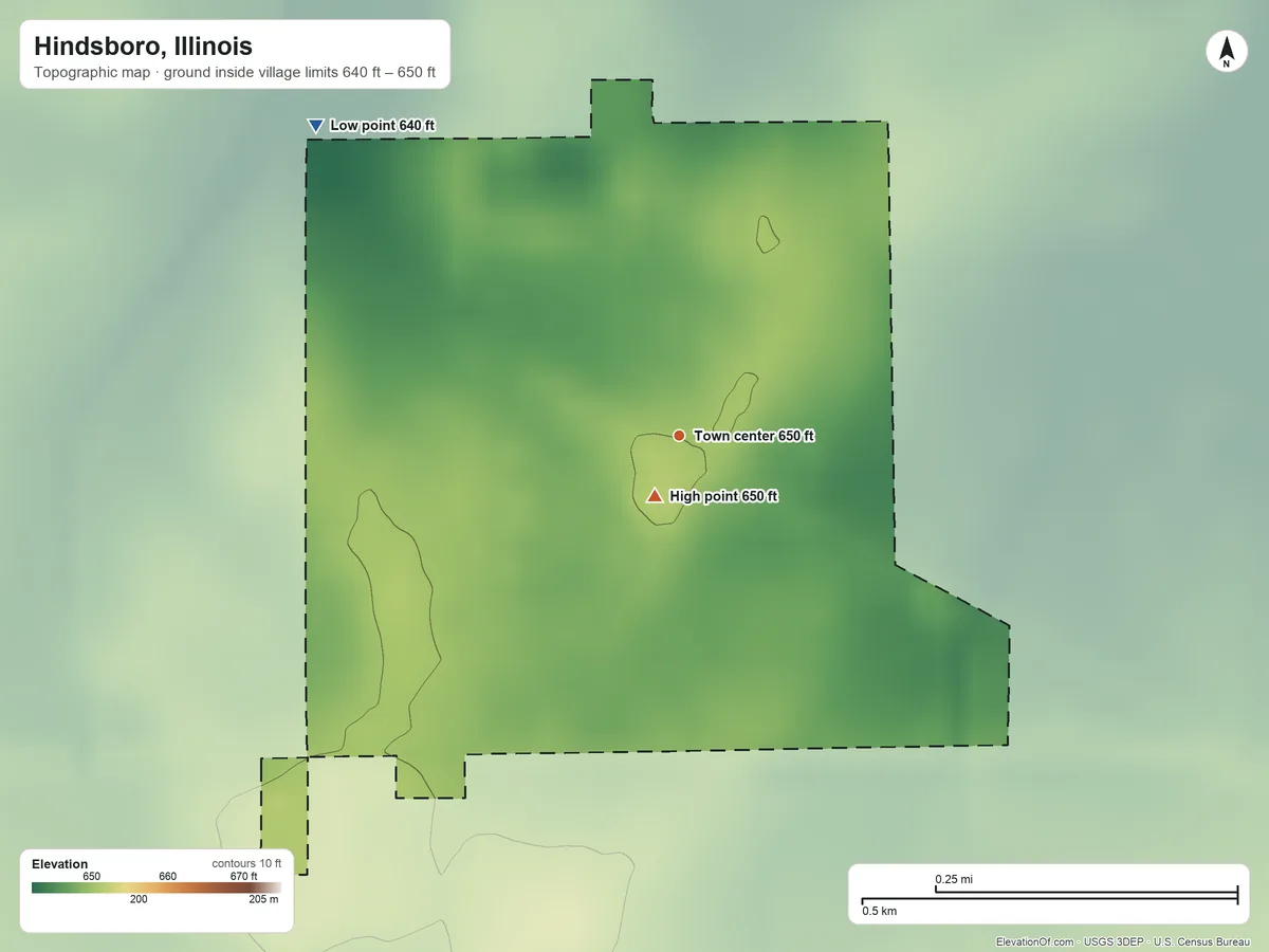 Topographic elevation map of Hindsboro, Illinois, shaded from 640 ft on the northwest side to 650 ft near the middle