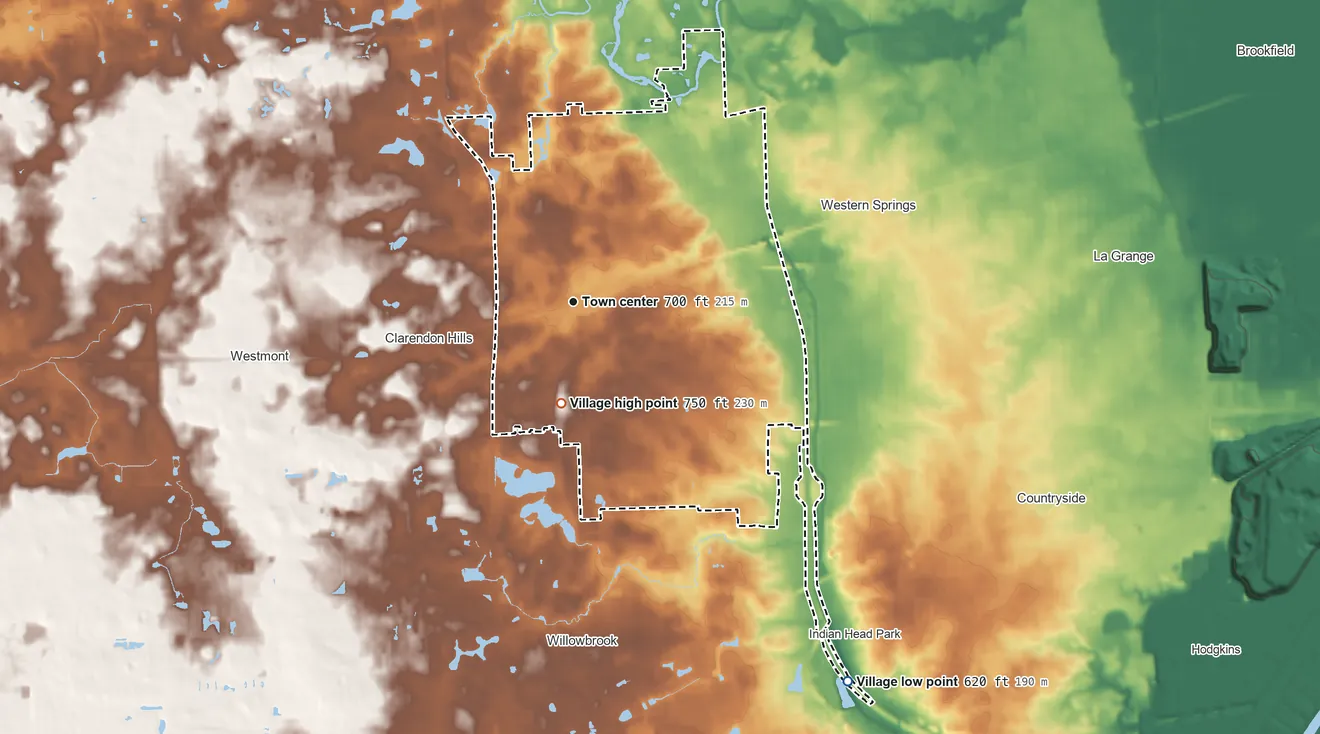 Topographic elevation map of Hinsdale, Illinois, shaded from 620 ft on the southeast side to 750 ft on the south side