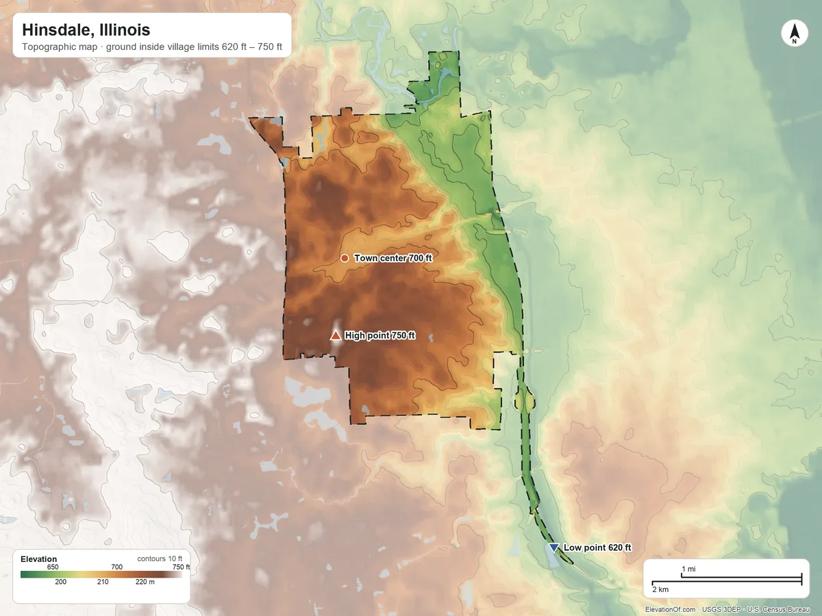Topographic elevation map of Hinsdale, Illinois, shaded from 620 ft on the southeast side to 750 ft on the south side