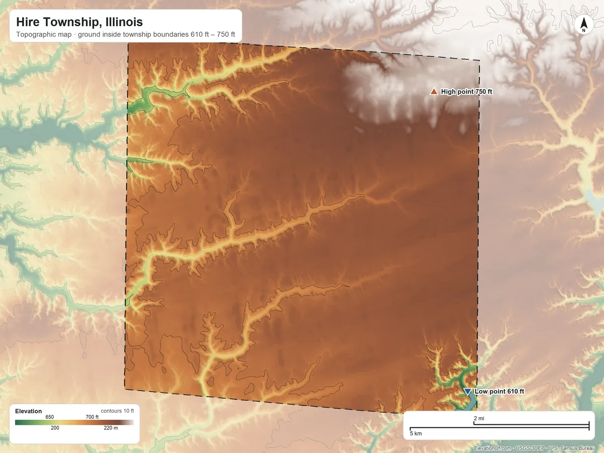 Topographic elevation map of Hire Township, Illinois, shaded from 610 ft on the southeast side to 750 ft on the northeast side