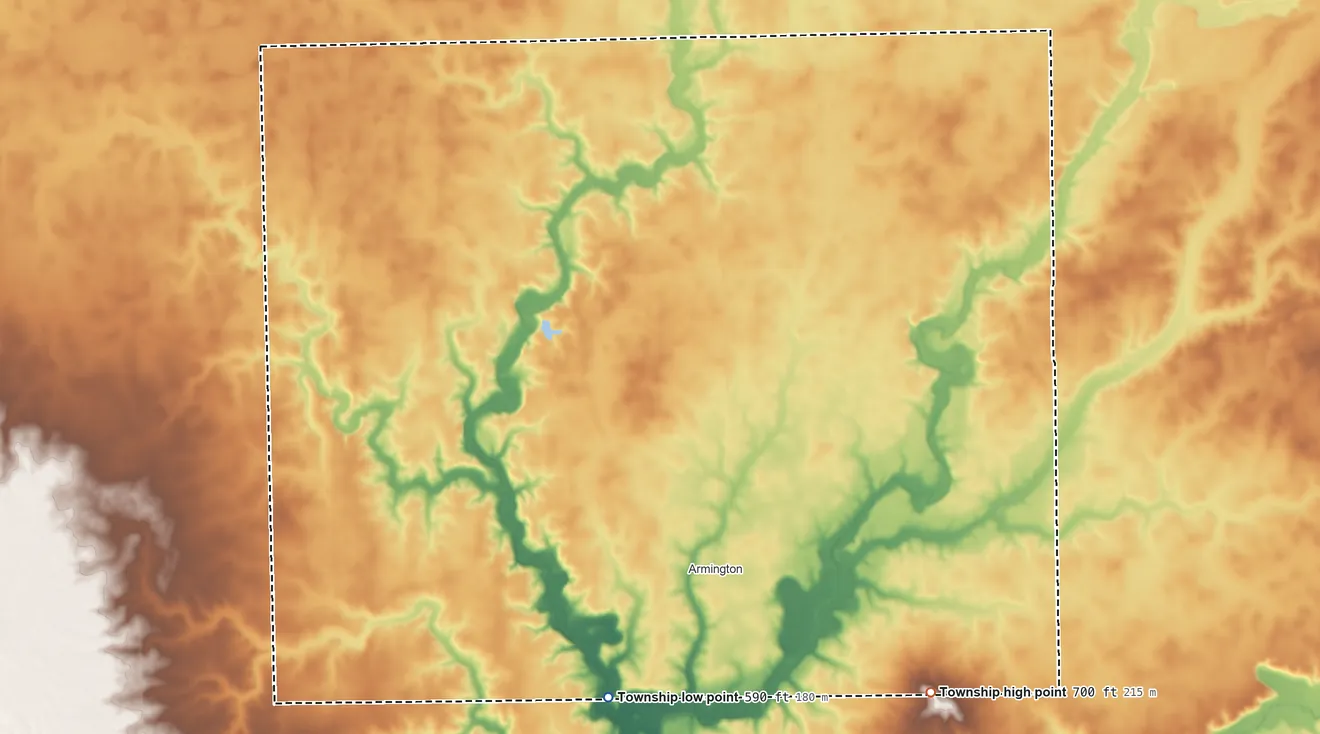 Topographic elevation map of Hittle Township, Illinois, shaded from 590 ft on the south side to 700 ft on the southeast side
