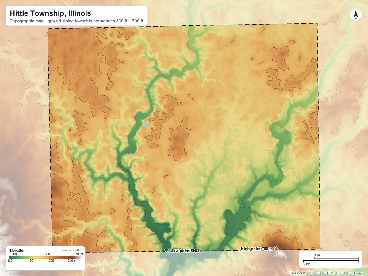Topographic elevation map of Hittle Township, Illinois, shaded from 590 ft on the south side to 700 ft on the southeast side