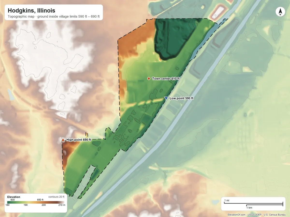 Topographic elevation map of Hodgkins, Illinois, shaded from 590 ft on the southeast side to 690 ft on the southwest side