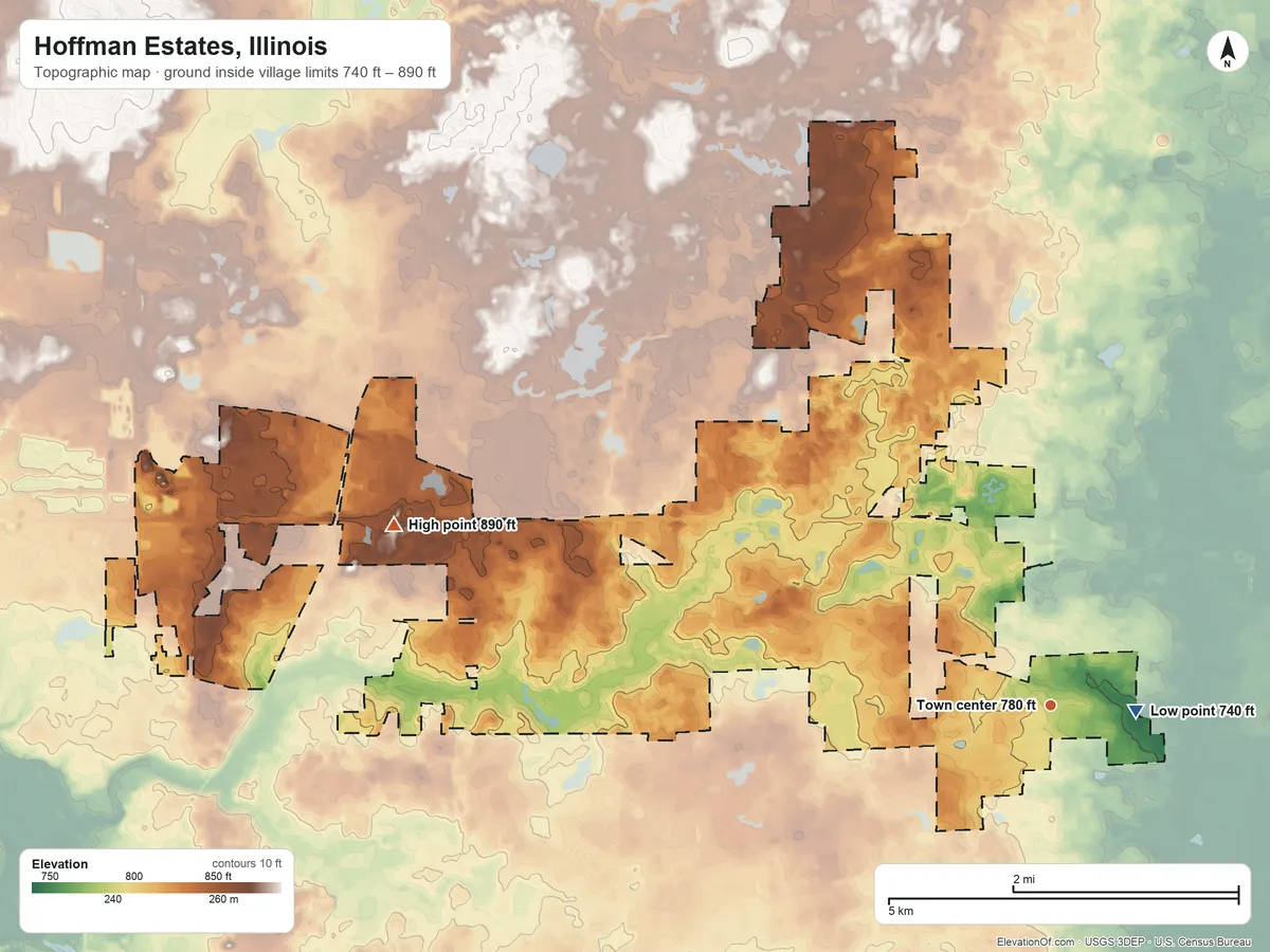 Topographic elevation map of Hoffman Estates, Illinois, shaded from 740 ft near the middle to 890 ft on the west side