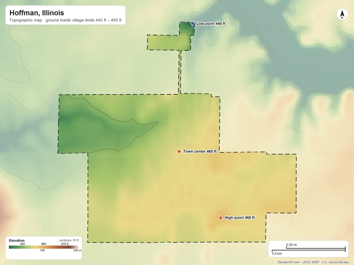 Topographic elevation map of Hoffman, Illinois, shaded from 440 ft on the north side to 460 ft on the southeast side