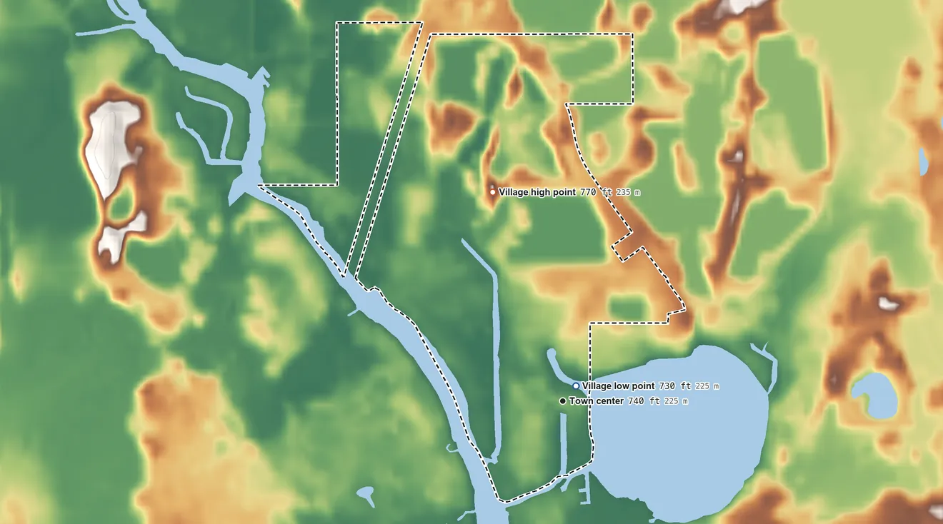 Topographic elevation map of Holiday Hills, Illinois, shaded from 730 ft near the middle to 770 ft on the north side