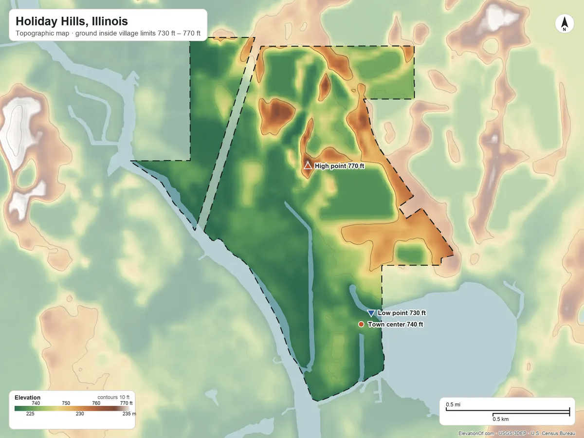 Topographic elevation map of Holiday Hills, Illinois, shaded from 730 ft near the middle to 770 ft on the north side