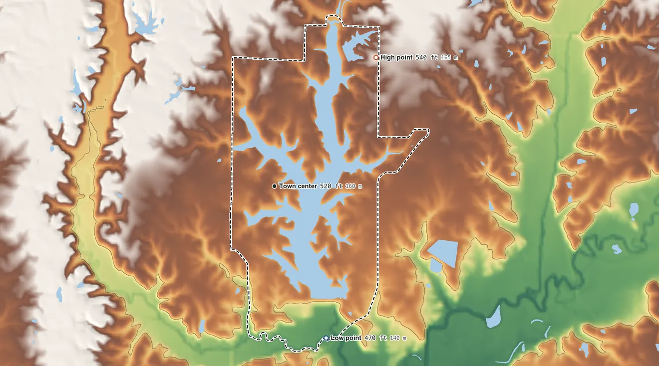 Topographic elevation map of Holiday Shores, Illinois, shaded from 470 ft on the south side to 540 ft on the northeast side