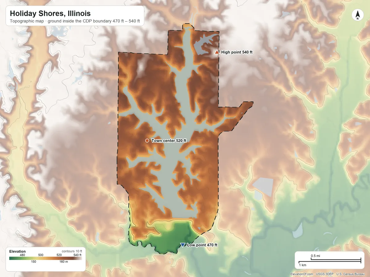 Topographic elevation map of Holiday Shores, Illinois, shaded from 470 ft on the south side to 540 ft on the northeast side