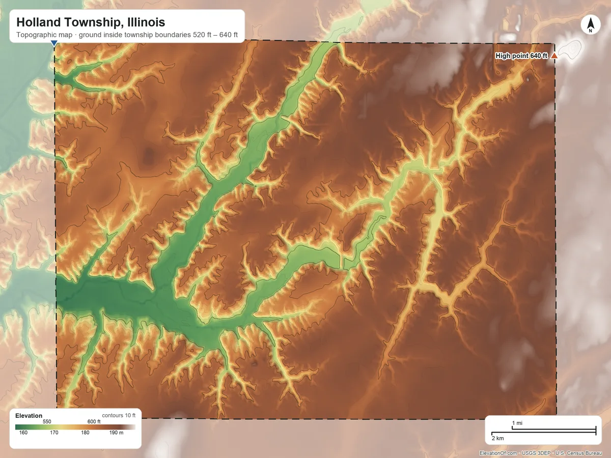 Topographic elevation map of Holland Township, Illinois, shaded from 520 ft on the northwest side to 640 ft on the northeast side