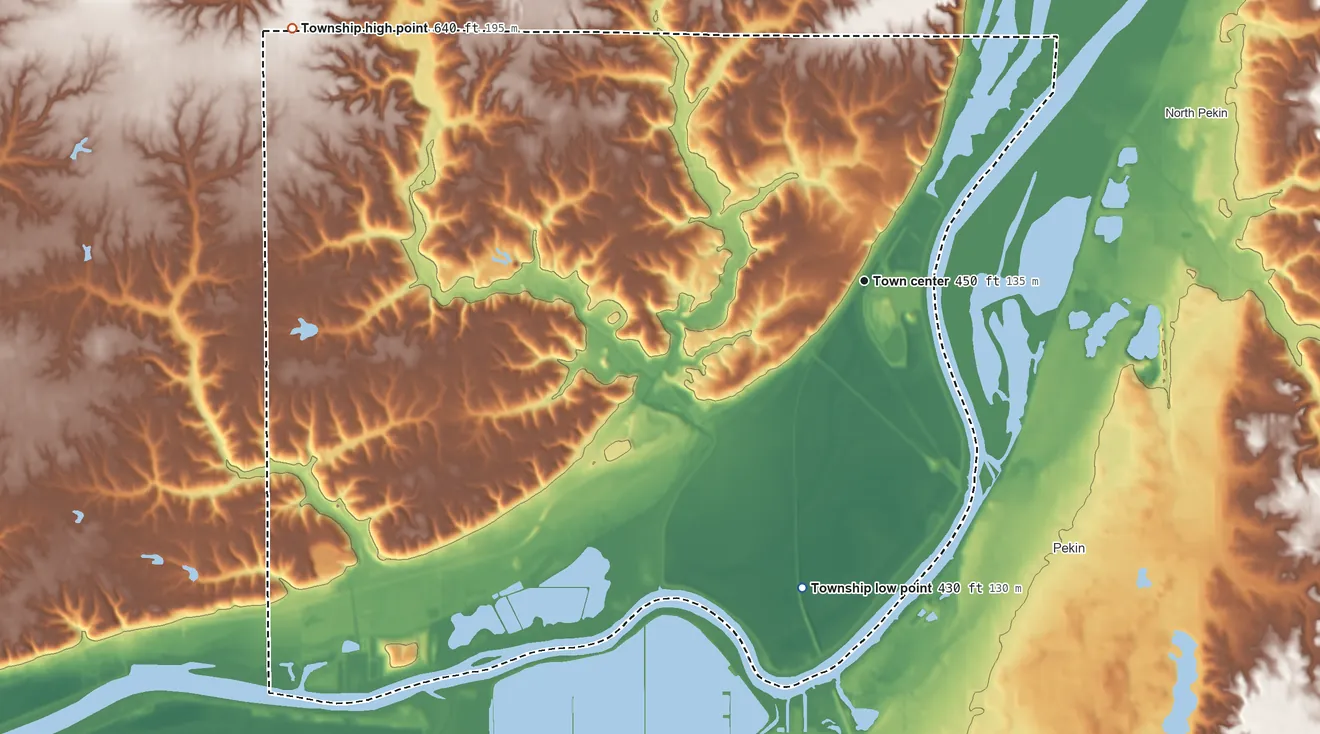 Topographic elevation map of Hollis Township, Illinois, shaded from 430 ft on the south side to 640 ft on the northwest side