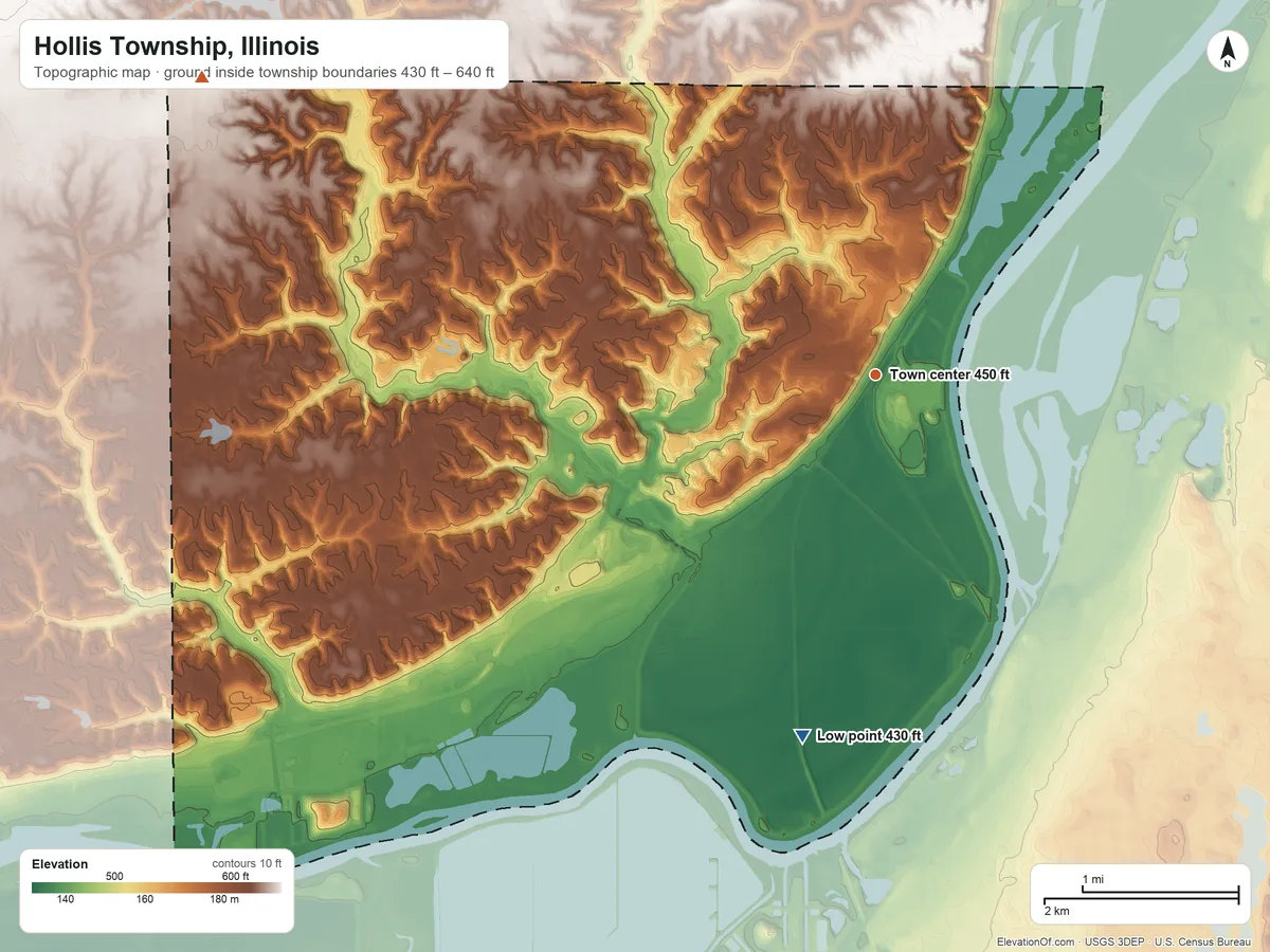 Topographic elevation map of Hollis Township, Illinois, shaded from 430 ft on the south side to 640 ft on the northwest side