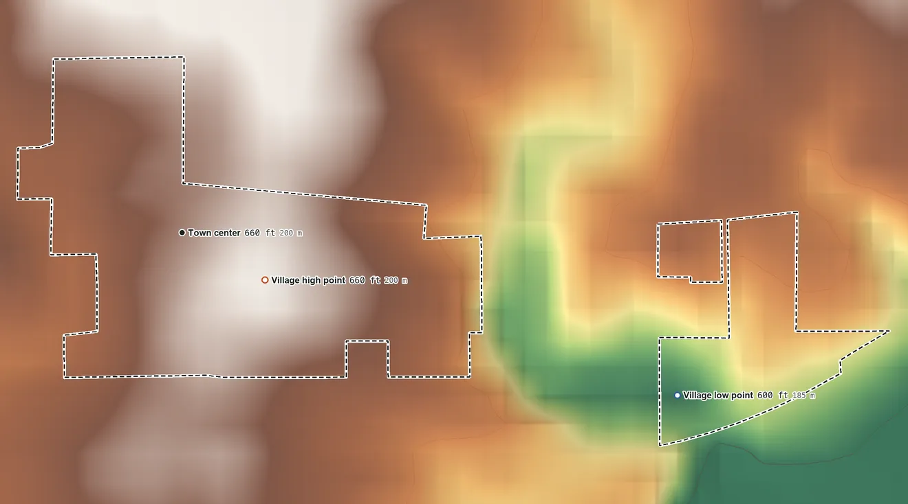 Topographic elevation map of Hollowayville, Illinois, shaded from 600 ft on the east side to 660 ft on the southeast side