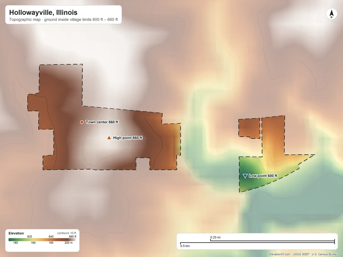 Topographic elevation map of Hollowayville, Illinois, shaded from 600 ft on the east side to 660 ft on the southeast side