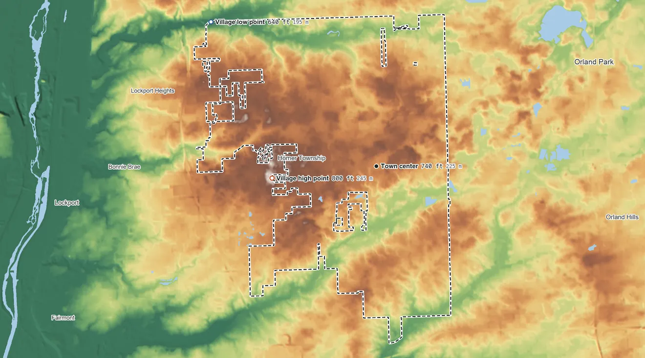 Topographic elevation map of Homer Glen, Illinois, shaded from 640 ft on the northwest side to 800 ft on the west side