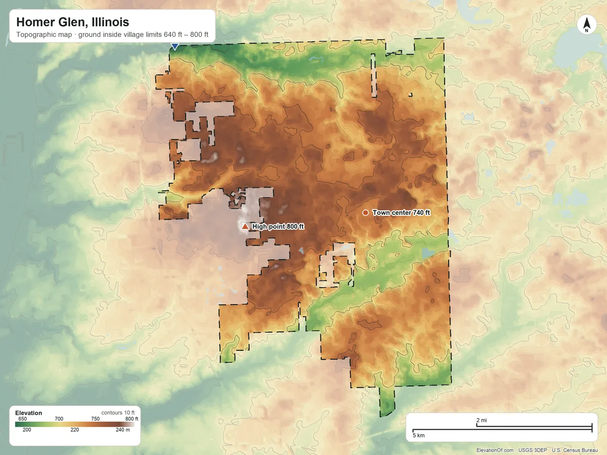 Topographic elevation map of Homer Glen, Illinois, shaded from 640 ft on the northwest side to 800 ft on the west side