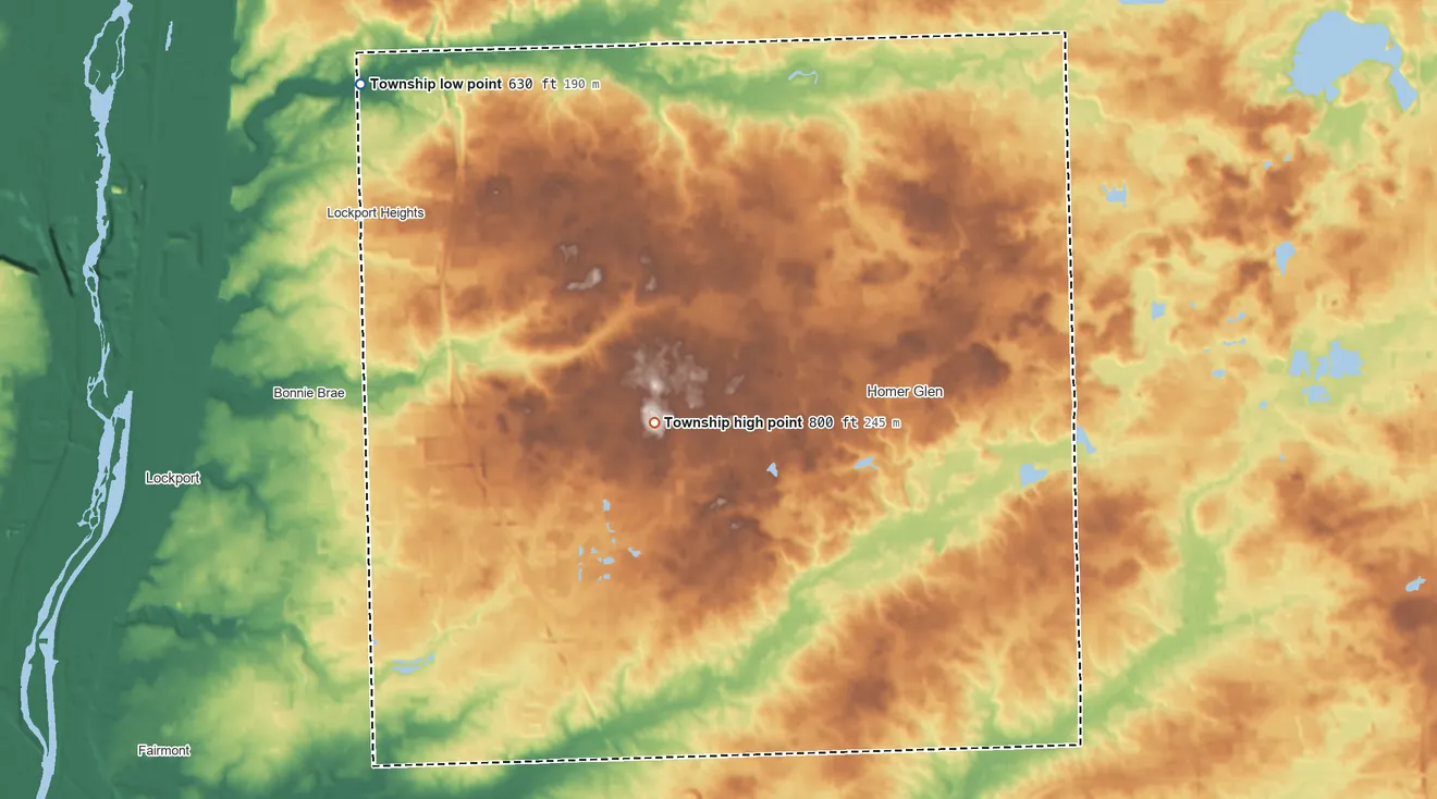 Topographic elevation map of Homer Township, Illinois, shaded from 630 ft on the northwest side to 800 ft near the middle
