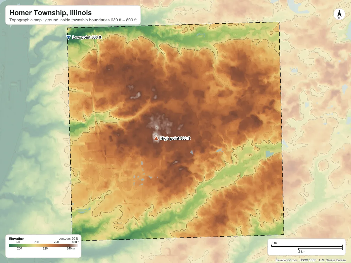 Topographic elevation map of Homer Township, Illinois, shaded from 630 ft on the northwest side to 800 ft near the middle