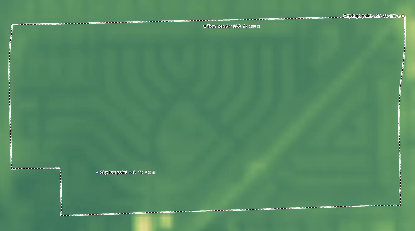 Topographic elevation map of Hometown, Illinois, shaded from 620 ft on the southwest side to 620 ft on the east side