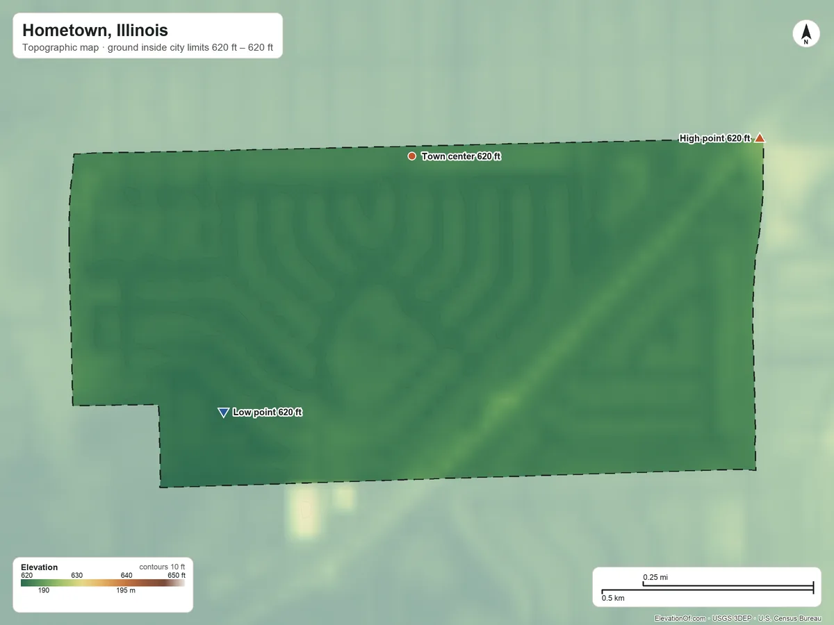 Topographic elevation map of Hometown, Illinois, shaded from 620 ft on the southwest side to 620 ft on the east side