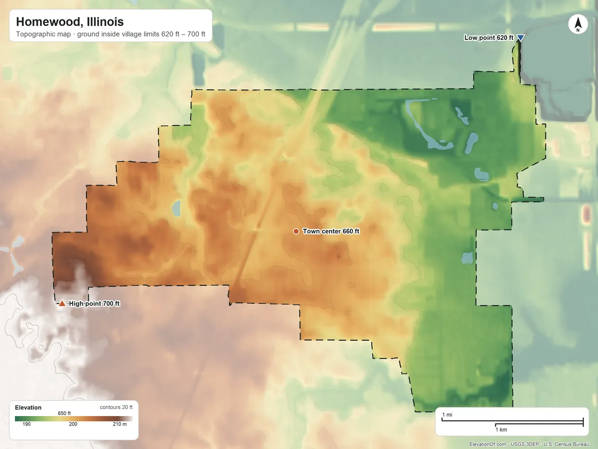 Topographic elevation map of Homewood, Illinois, shaded from 620 ft on the northeast side to 700 ft on the west side
