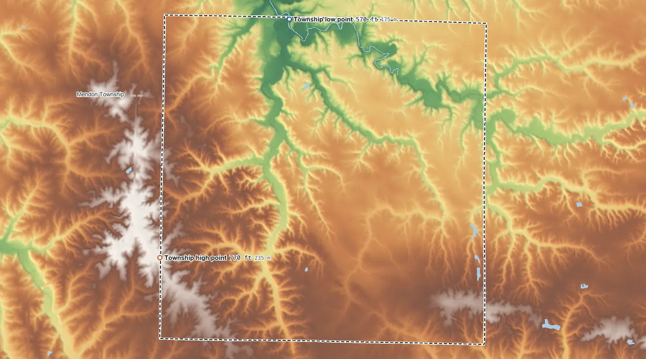 Topographic elevation map of Honey Creek Township, Adams County, Illinois, shaded from 570 ft on the north side to 770 ft on the west side