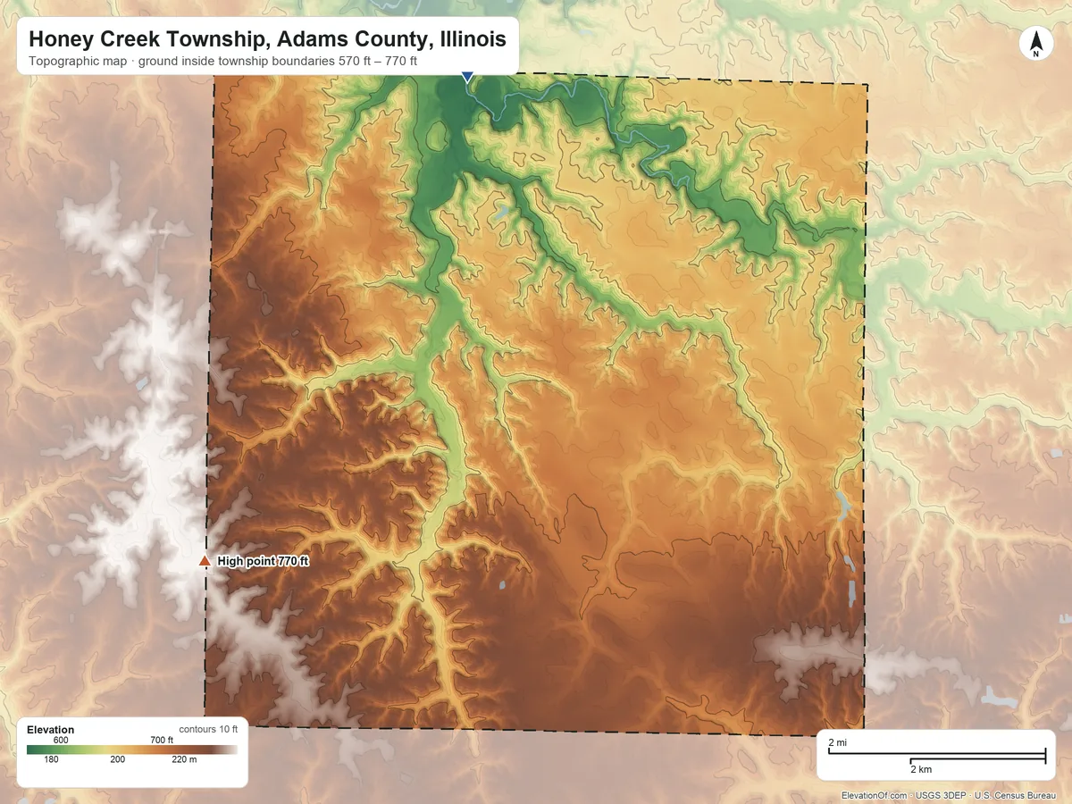 Topographic elevation map of Honey Creek Township, Adams County, Illinois, shaded from 570 ft on the north side to 770 ft on the west side