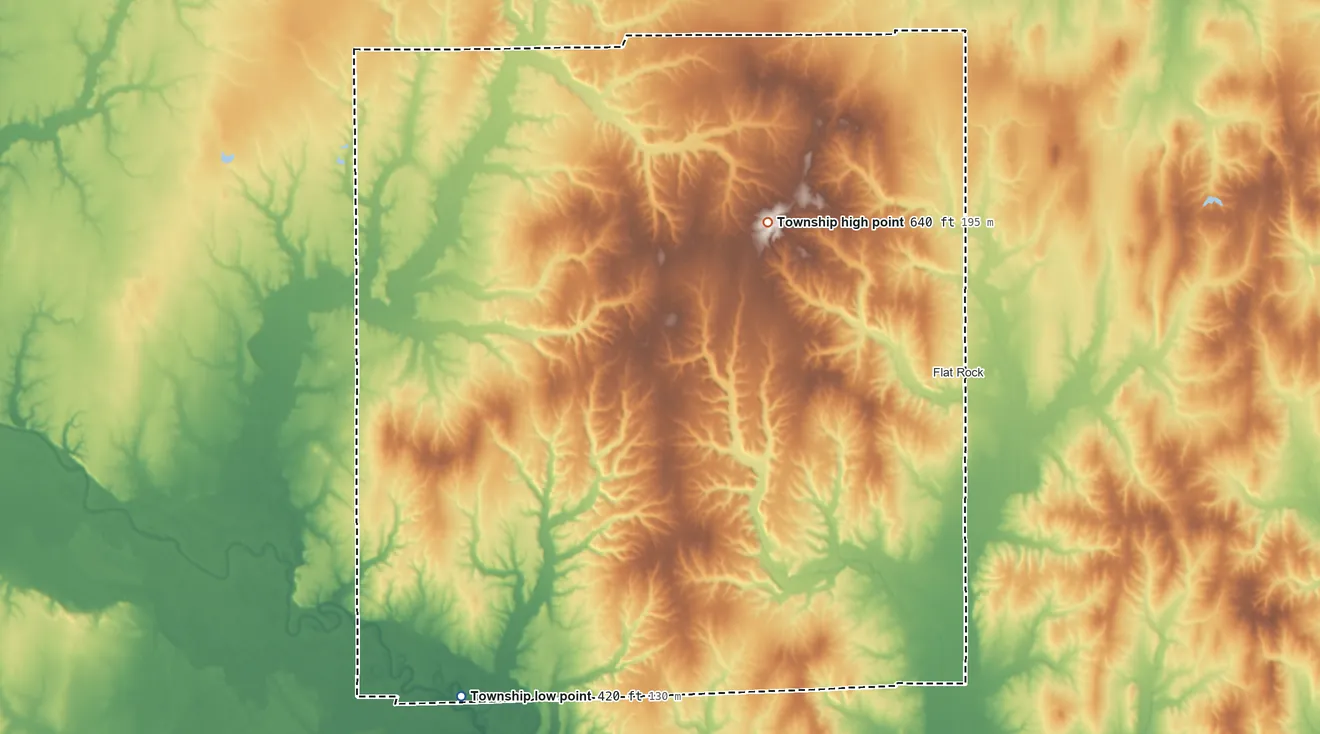 Topographic elevation map of Honey Creek Township, Illinois, shaded from 420 ft on the southwest side to 640 ft on the northeast side