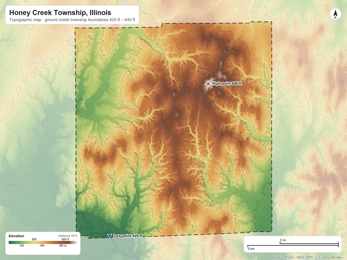 Topographic elevation map of Honey Creek Township, Illinois, shaded from 420 ft on the southwest side to 640 ft on the northeast side