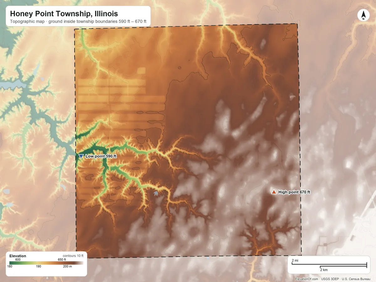 Topographic elevation map of Honey Point Township, Illinois, shaded from 590 ft on the west side to 670 ft on the southeast side