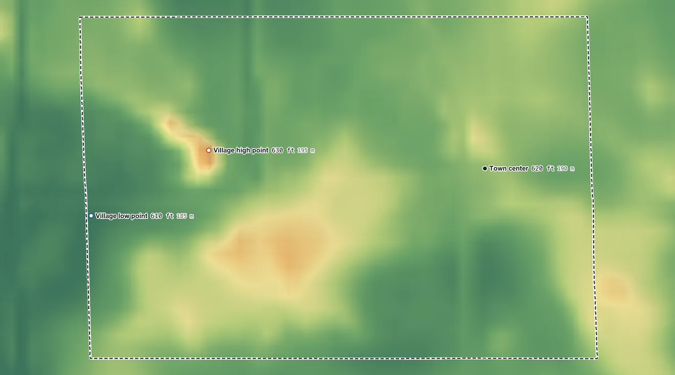 Topographic elevation map of Hooppole, Illinois, shaded from 610 ft on the west side to 630 ft on the west side