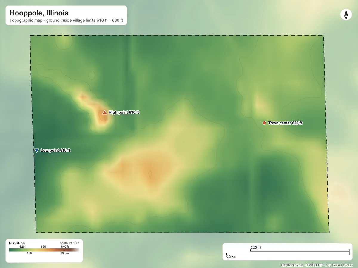 Topographic elevation map of Hooppole, Illinois, shaded from 610 ft on the west side to 630 ft on the west side