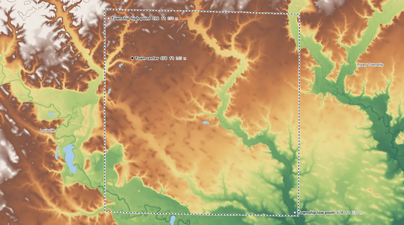 Topographic elevation map of Hoosier Township, Illinois, shaded from 420 ft on the southeast side to 490 ft on the northwest side