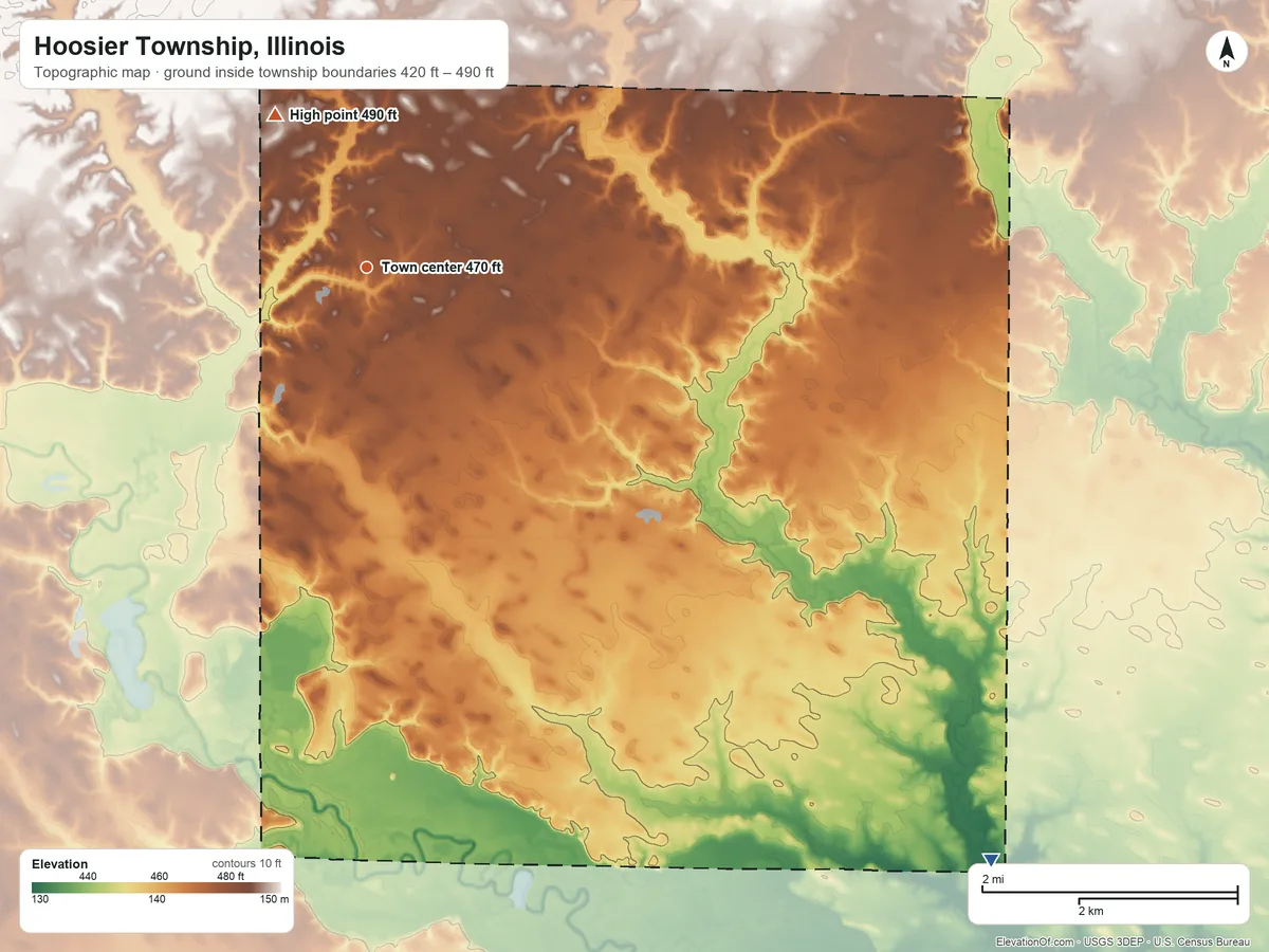 Topographic elevation map of Hoosier Township, Illinois, shaded from 420 ft on the southeast side to 490 ft on the northwest side
