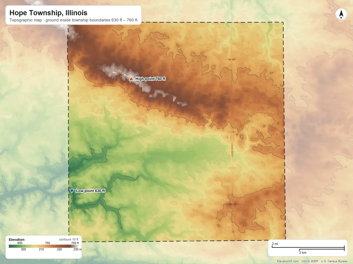 Topographic elevation map of Hope Township, Illinois, shaded from 630 ft on the west side to 760 ft on the northwest side