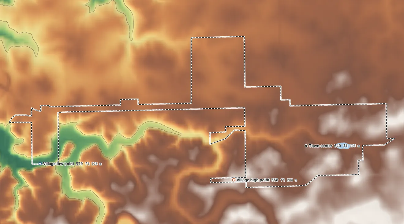 Topographic elevation map of Hopedale, Illinois, shaded from 570 ft on the west side to 650 ft on the southwest side