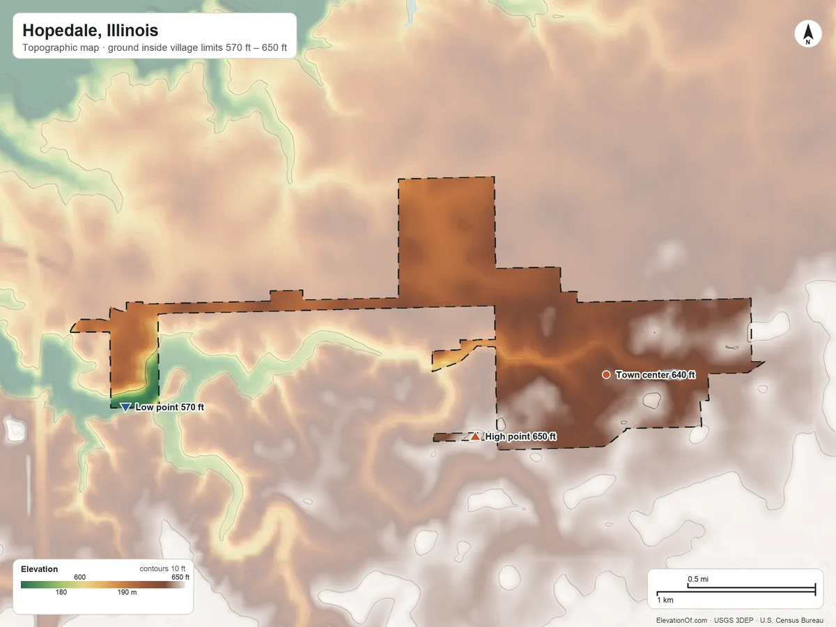 Topographic elevation map of Hopedale, Illinois, shaded from 570 ft on the west side to 650 ft on the southwest side