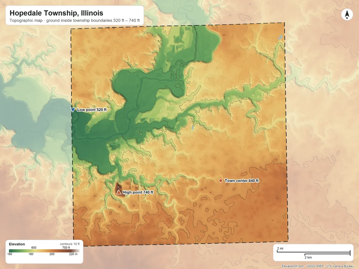 Topographic elevation map of Hopedale Township, Illinois, shaded from 520 ft on the northwest side to 740 ft on the west side