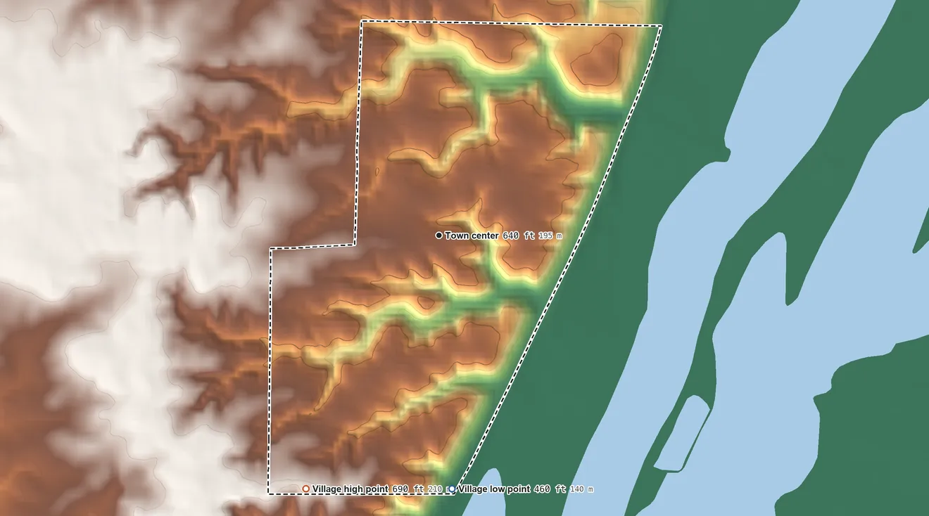 Topographic elevation map of Hopewell, Illinois, shaded from 460 ft on the south side to 690 ft on the southwest side